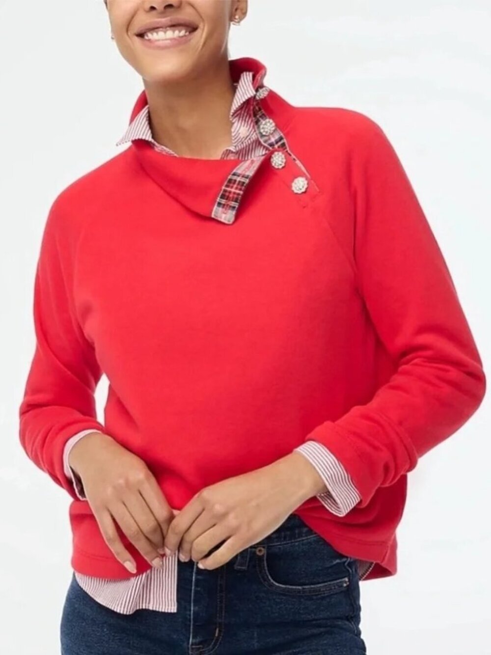 J. Crew Tartan Wide Jeweled Button-neck Pullover Sweatshirt Red Medium #A2829
